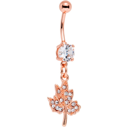 Clear Gem Rose Gold PVD Maple Leaf Dangle Belly Ring