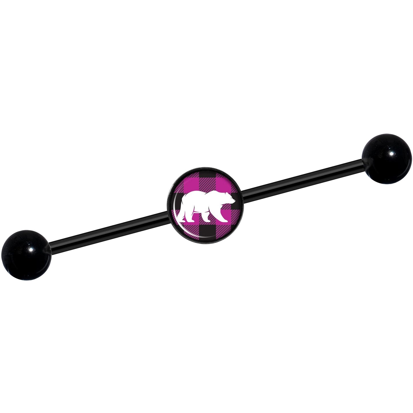 14G Pink Black Plaid Polar Bear Black Industrial Barbell 37mm