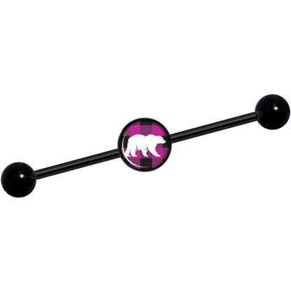 14G Pink Black Plaid Polar Bear Black Industrial Barbell 37mm