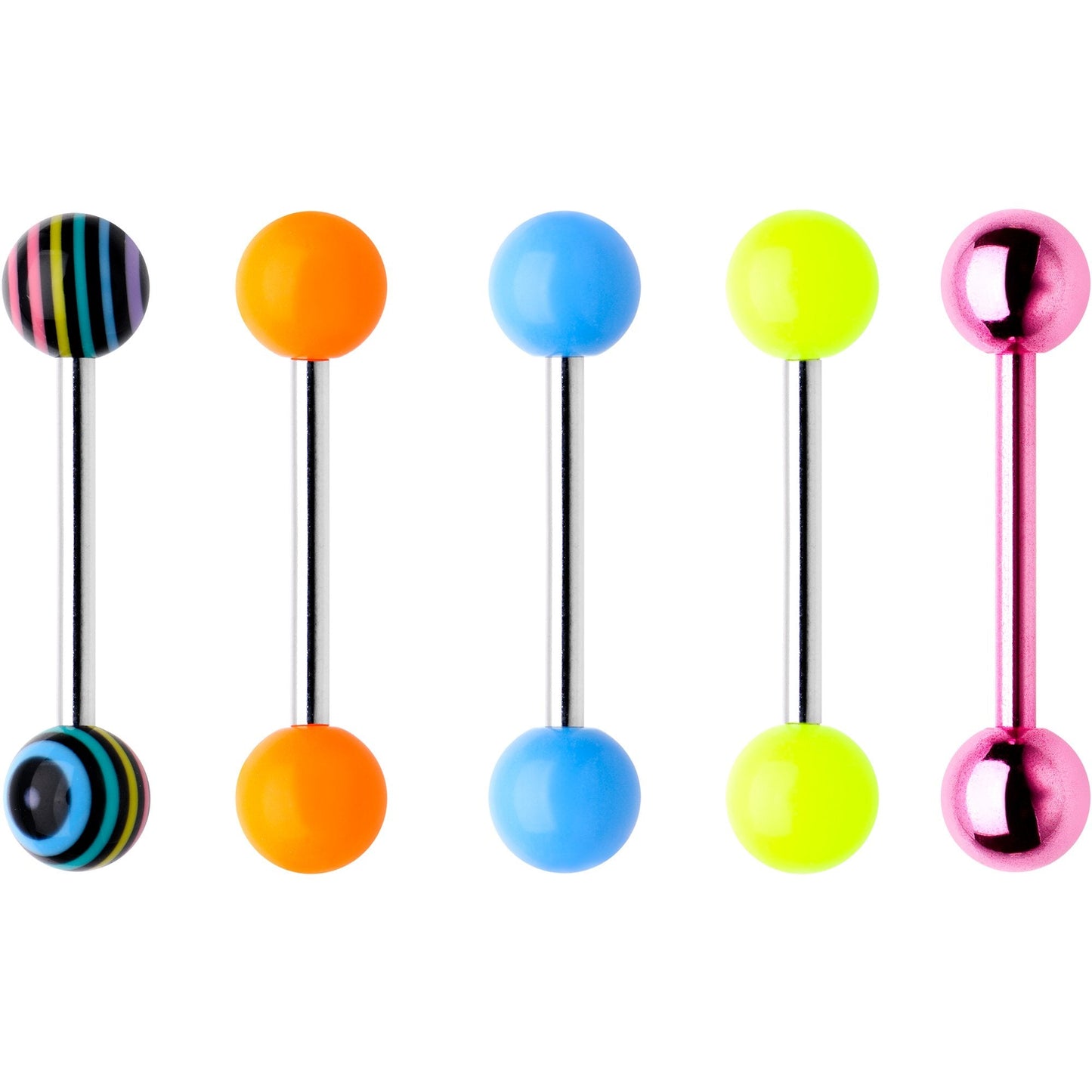 14G 9/16 Rainbow Funky Fun Barbell Tongue Ring Pack Set of 5
