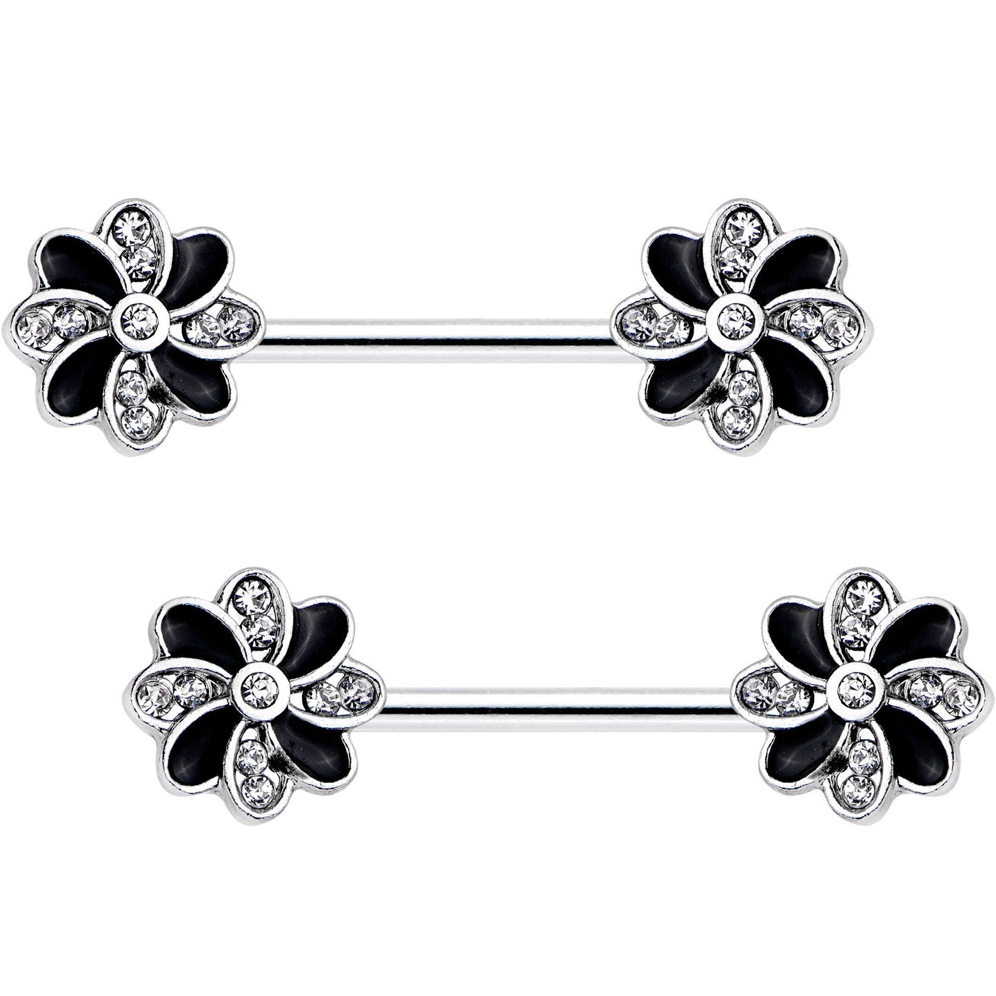 9/16 Clear Gem Pinwheel Flower Barbell Nipple Ring Set