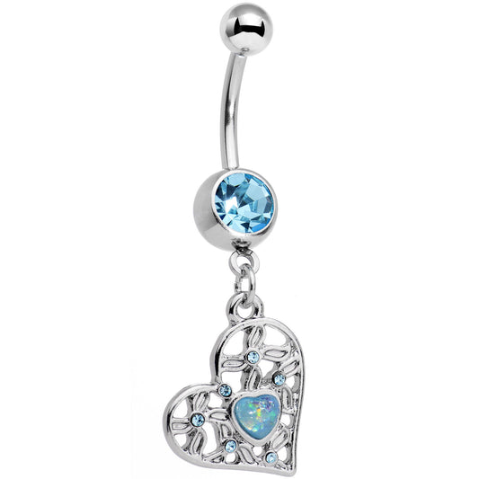 Blue Faux Opal Aqua Gem Sea Heart Dangle Belly Ring