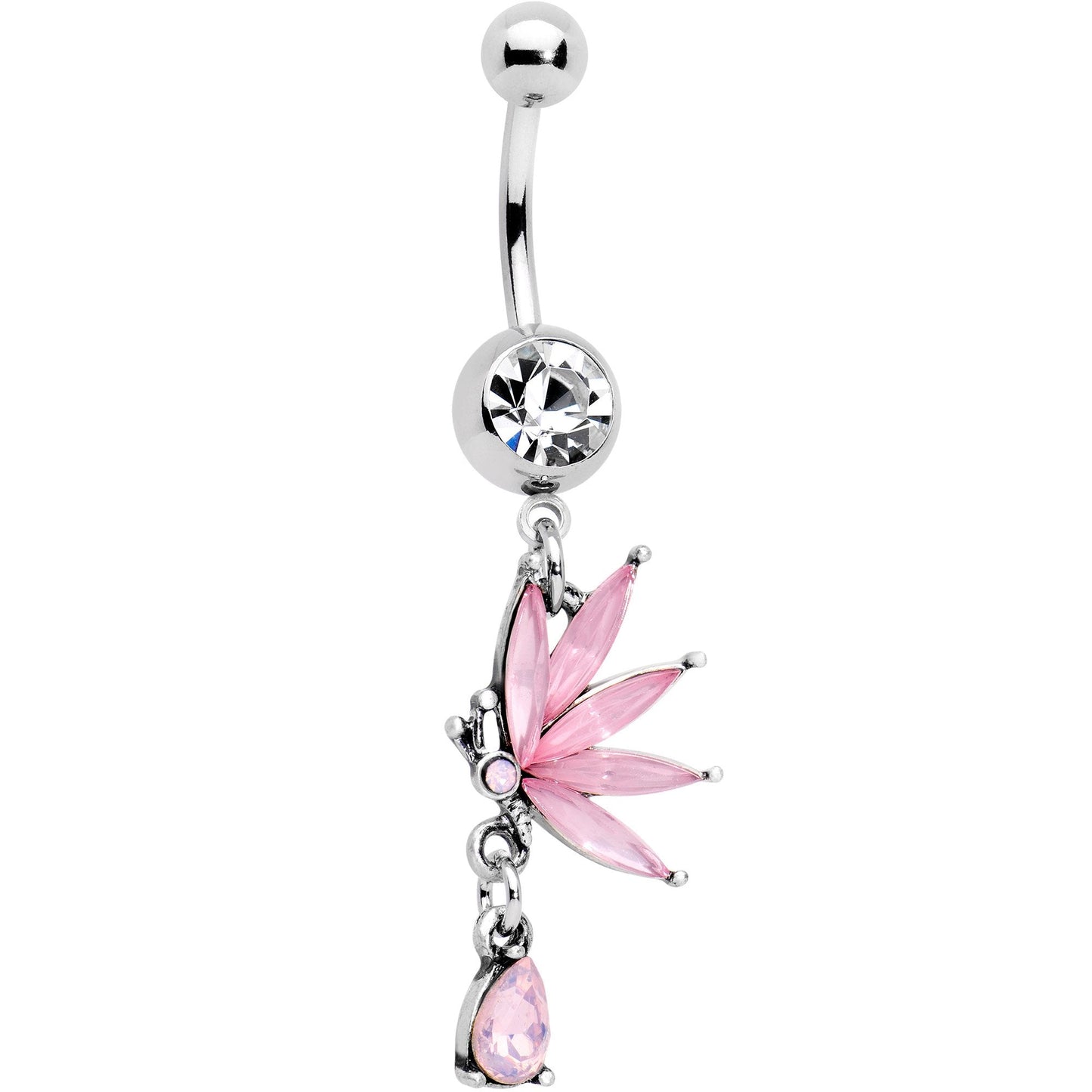 Clear Pink Gem Flower Fan Dangle Belly Ring