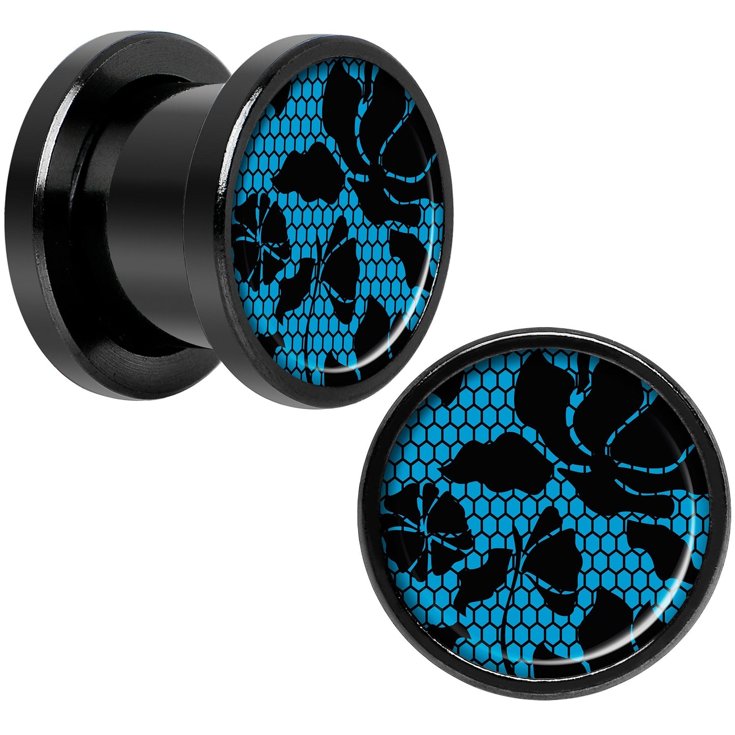 Blue Floral Lace Black Anodized Screw Fit Plug Set 00G