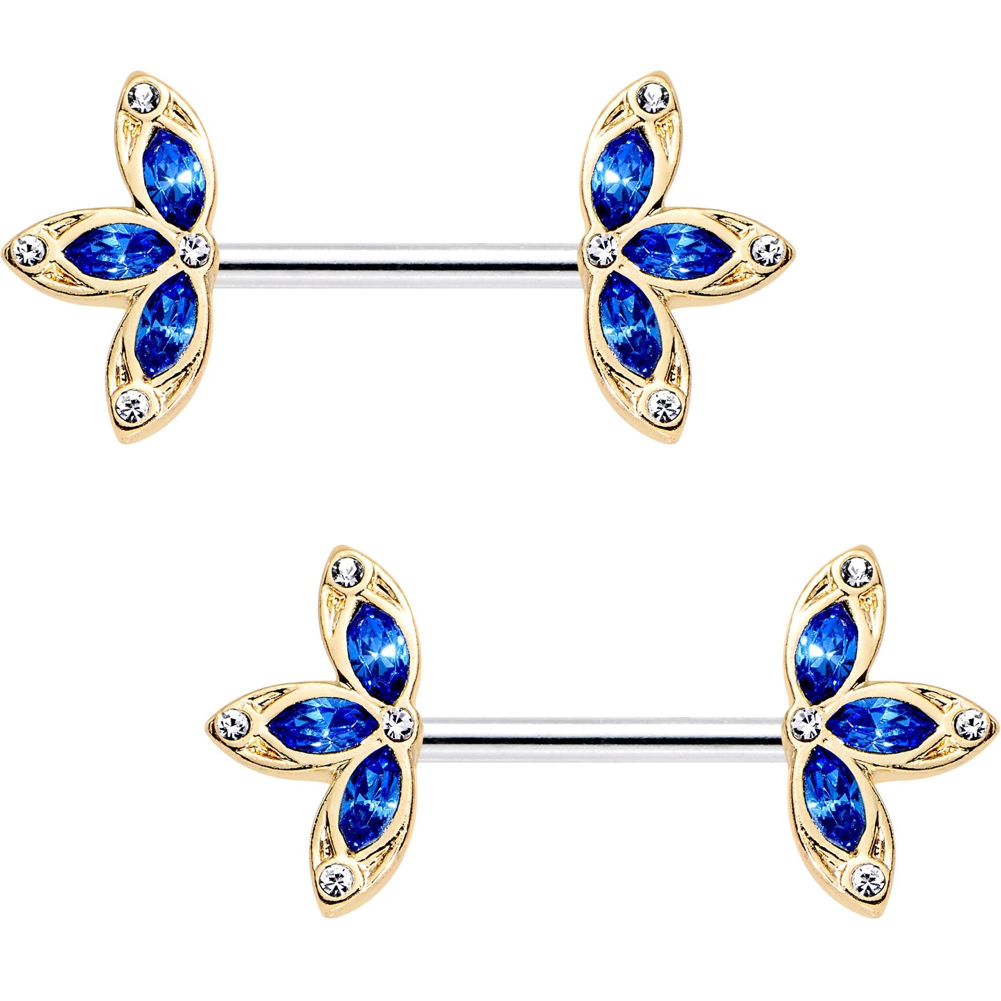 14G 9/16 Clear Blue Gem Fleur de Seins Barbell Nipple Ring Set