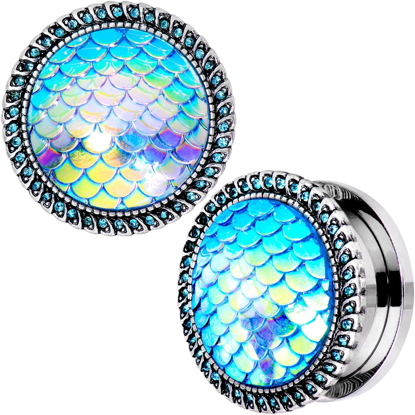 Aqua Gem Iridescent Blue Mermaid Scale Screw Fit Plug Set 6mm to 22mm
