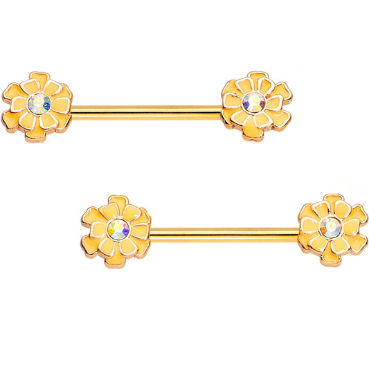9/16 Clear Gem Gold PVD Sunshine Flower Barbell Nipple Ring Set