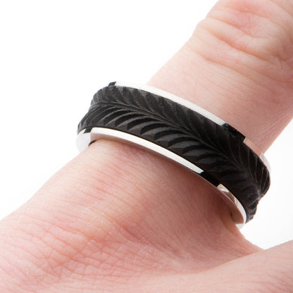 Mens Center Solid Carbon Fiber Leaf Patterned Stainless Steel Ring