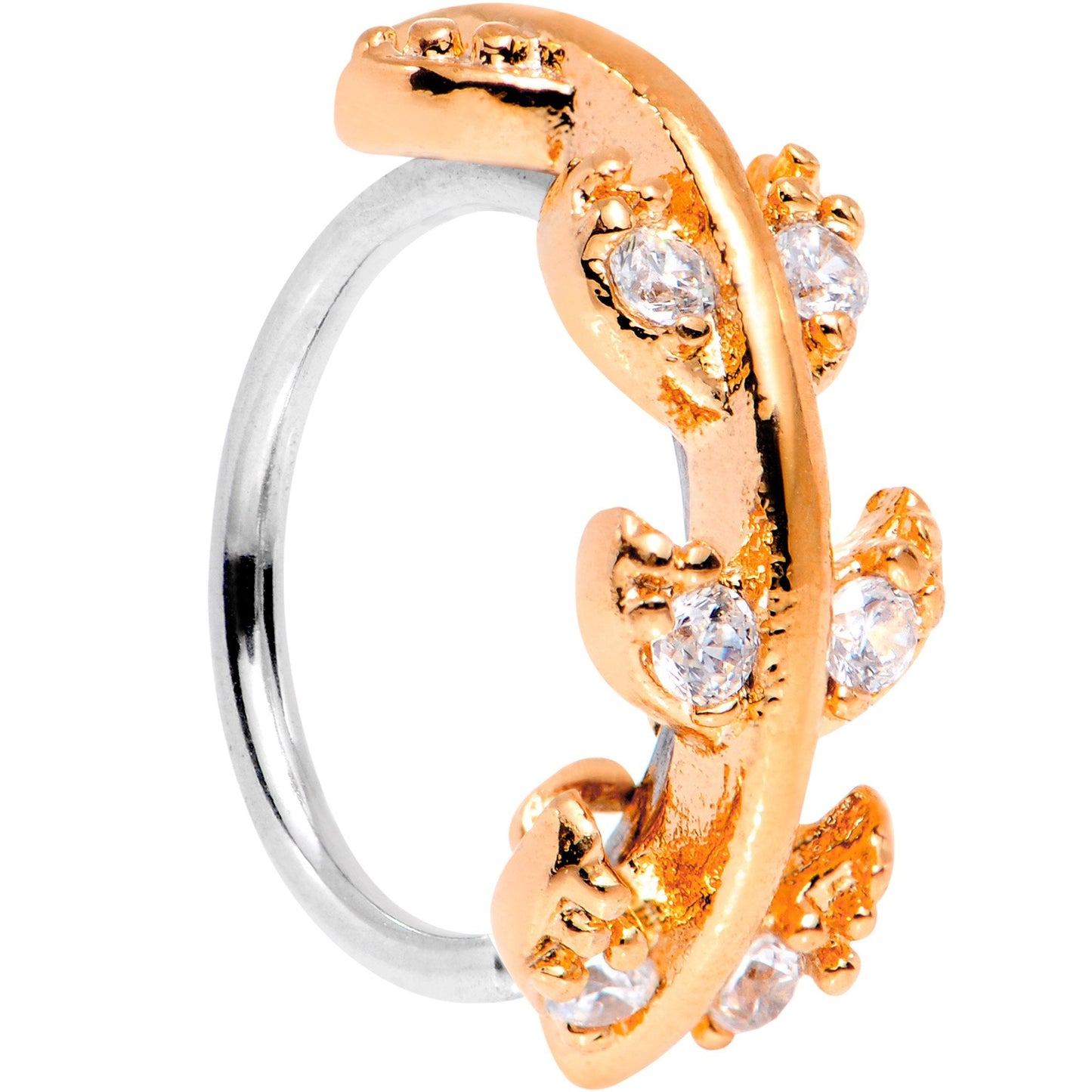 18G Clear CZ Gem Rose Gold Tone Leafy Seamless Circular Ring