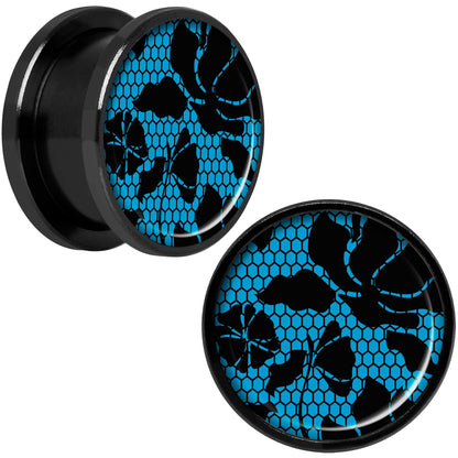 Blue Floral Lace Black Anodized Screw Fit Plug Set 5/8