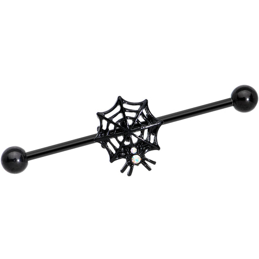 14G Aurora Gem Black Spider Web Halloween Industrial Barbell 38mm