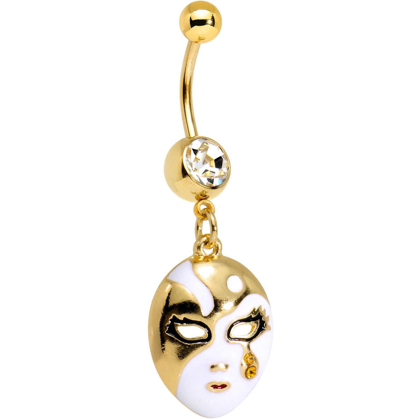 Clear Gem Gold PVD Black Teardrop Masquerade Mask Dangle Belly Ring
