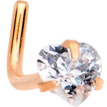 20G 1/4 Clear Heart 3mm CZ Gem Rose Gold IP L-Shape Nose Ring
