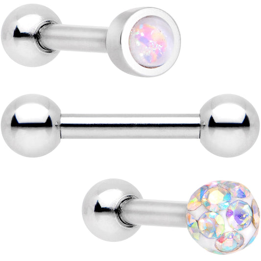16G 1/4 White Faux Opal Inlay Cartilage Tragus Earring 3 Pack Set