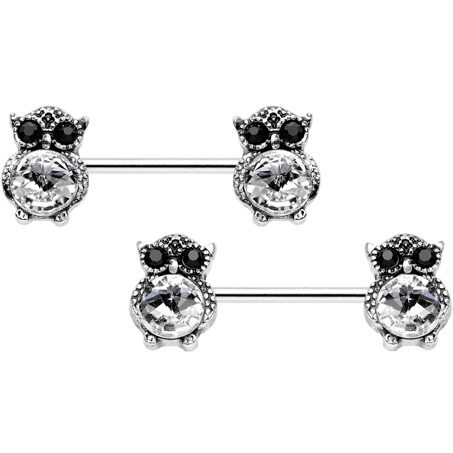 9/16 Clear Black Gem Mystical Owl Barbell Nipple Ring Set