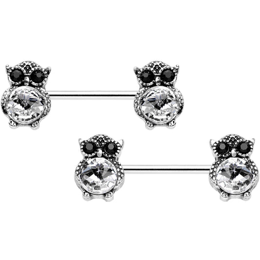 9/16 Clear Black Gem Mystical Owl Barbell Nipple Ring Set