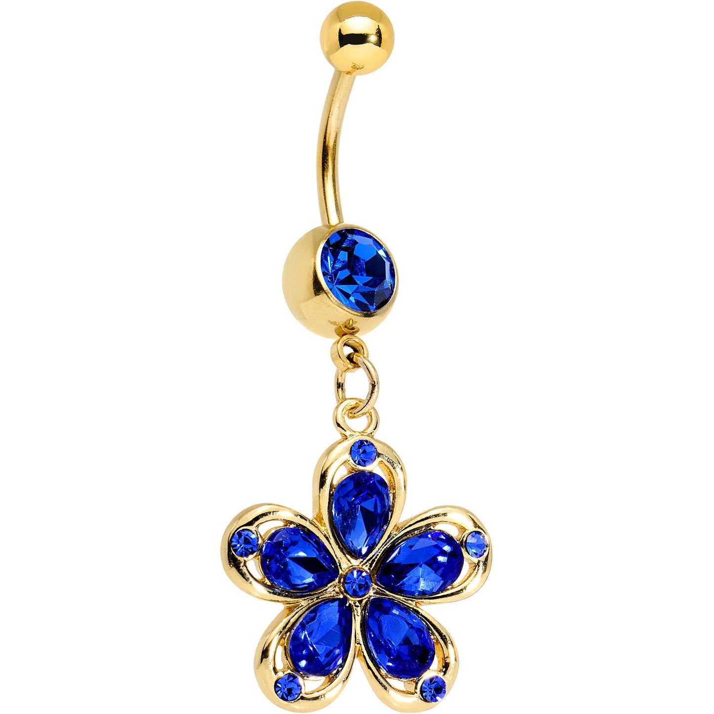 Blue Gem Gold PVD Zinnia Flower Dangle Belly Ring