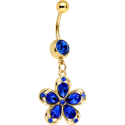 Blue Gem Gold PVD Zinnia Flower Dangle Belly Ring