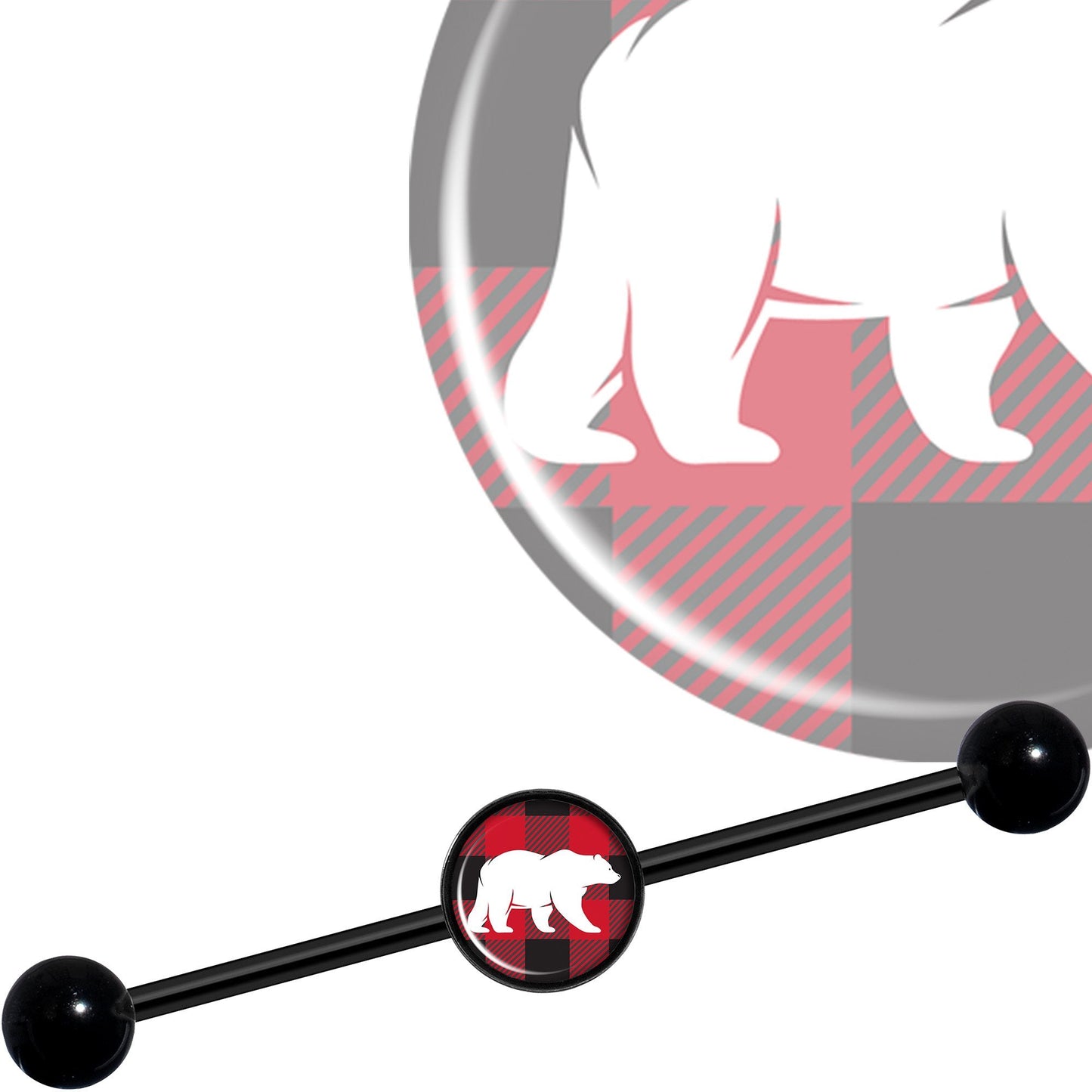 14G Red Black Plaid Polar Bear Black Industrial Barbell 37mm