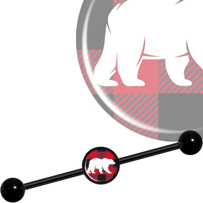 14G Red Black Plaid Polar Bear Black Industrial Barbell 37mm
