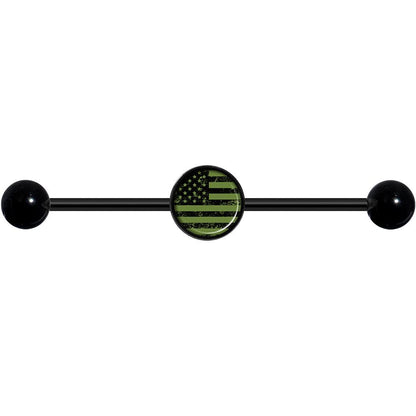 14G Green American Flag Black Industrial Barbell 37mm