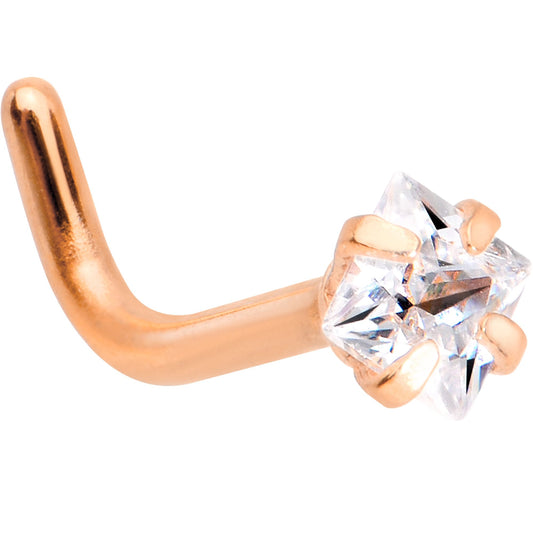 18G 1/4 Clear Square 2.5mm CZ Gem Rose Gold IP L-Shape Nose Ring