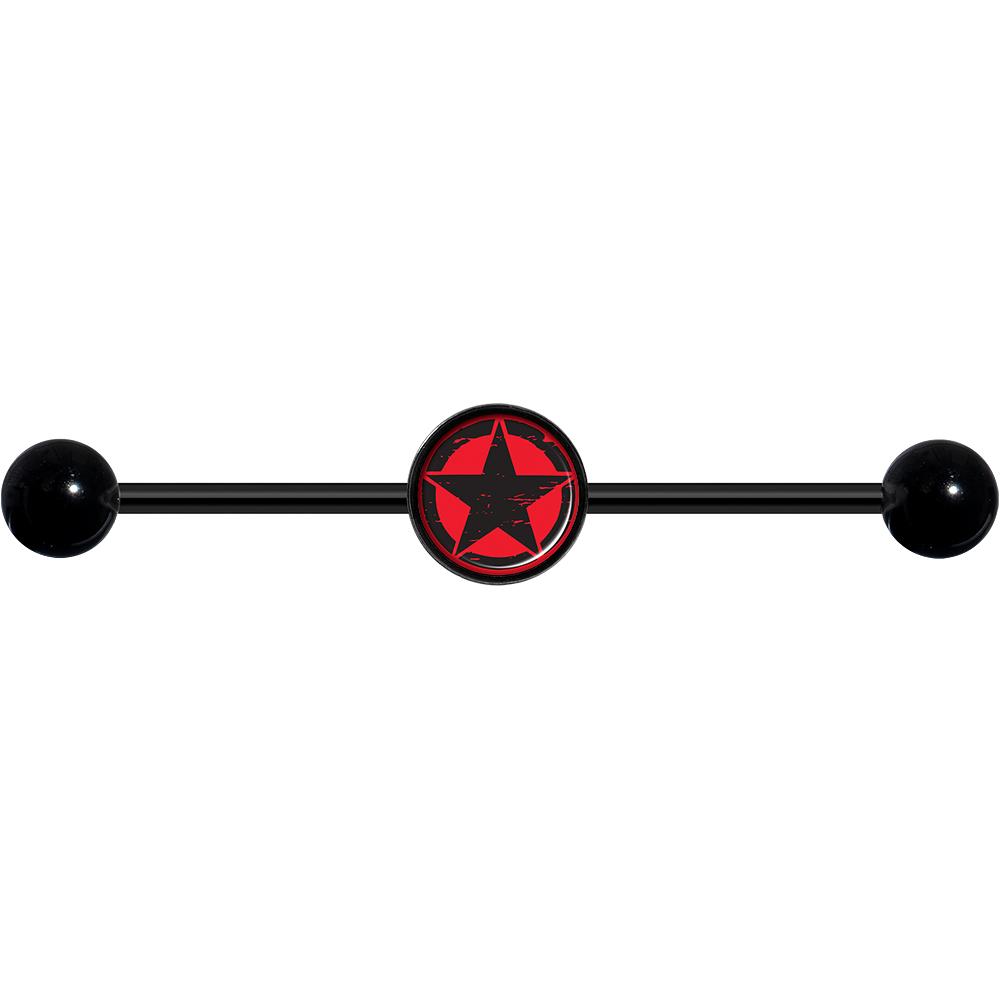 14G Black Red Distressed Star Black Industrial Barbell 37mm