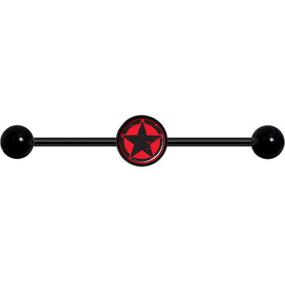 14G Black Red Distressed Star Black Industrial Barbell 37mm