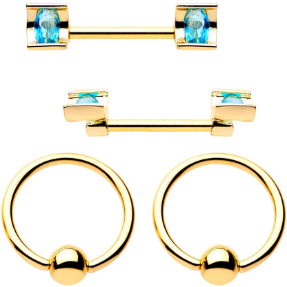 14G Blue Gem Gold Tone Sccop Captive Ring Barbell Nipple Ring Set