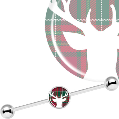 14G Red Green Plaid Reindeer Industrial Barbell 37mm