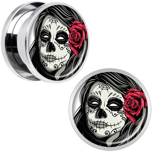 Katrina Sugar Skull with Rose Flower Steel Screw Fit Plug Set 5/8