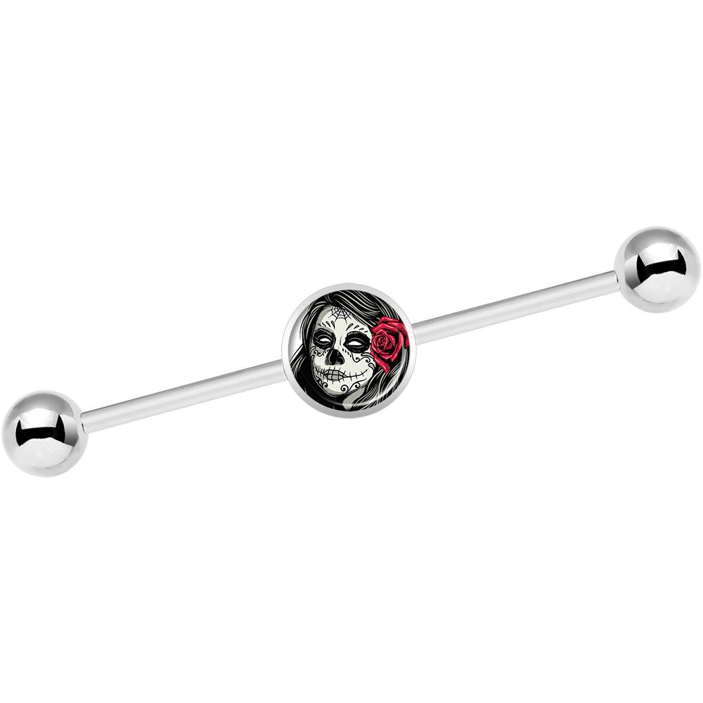14G Katrina Sugar Skull with Rose Flower Industrial Barbell 37mm