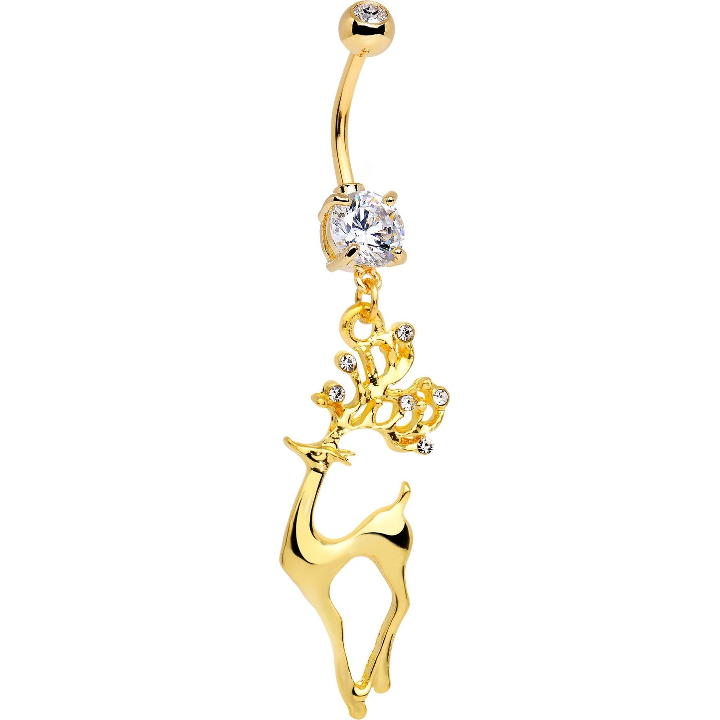 Clear CZ Gold Tone Anodized Prancing Reindeer Dangle Belly Ring