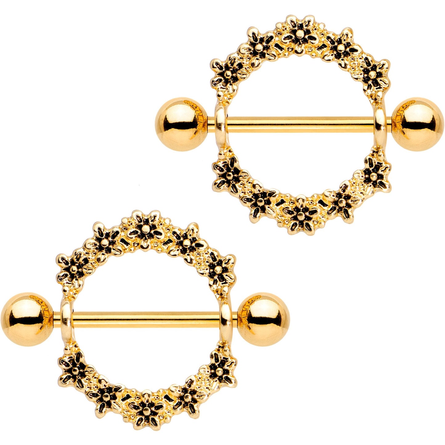 14G 3/4 Gold Tone Anodized Flower Halo Wreath Nipple Shied Set