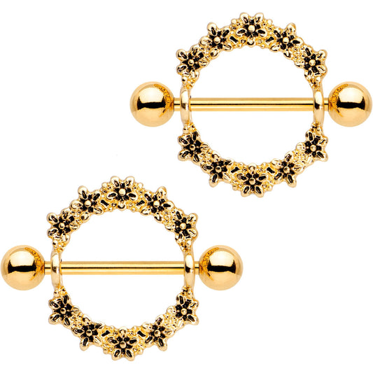 14G 3/4 Gold Tone Anodized Flower Halo Wreath Nipple Shied Set