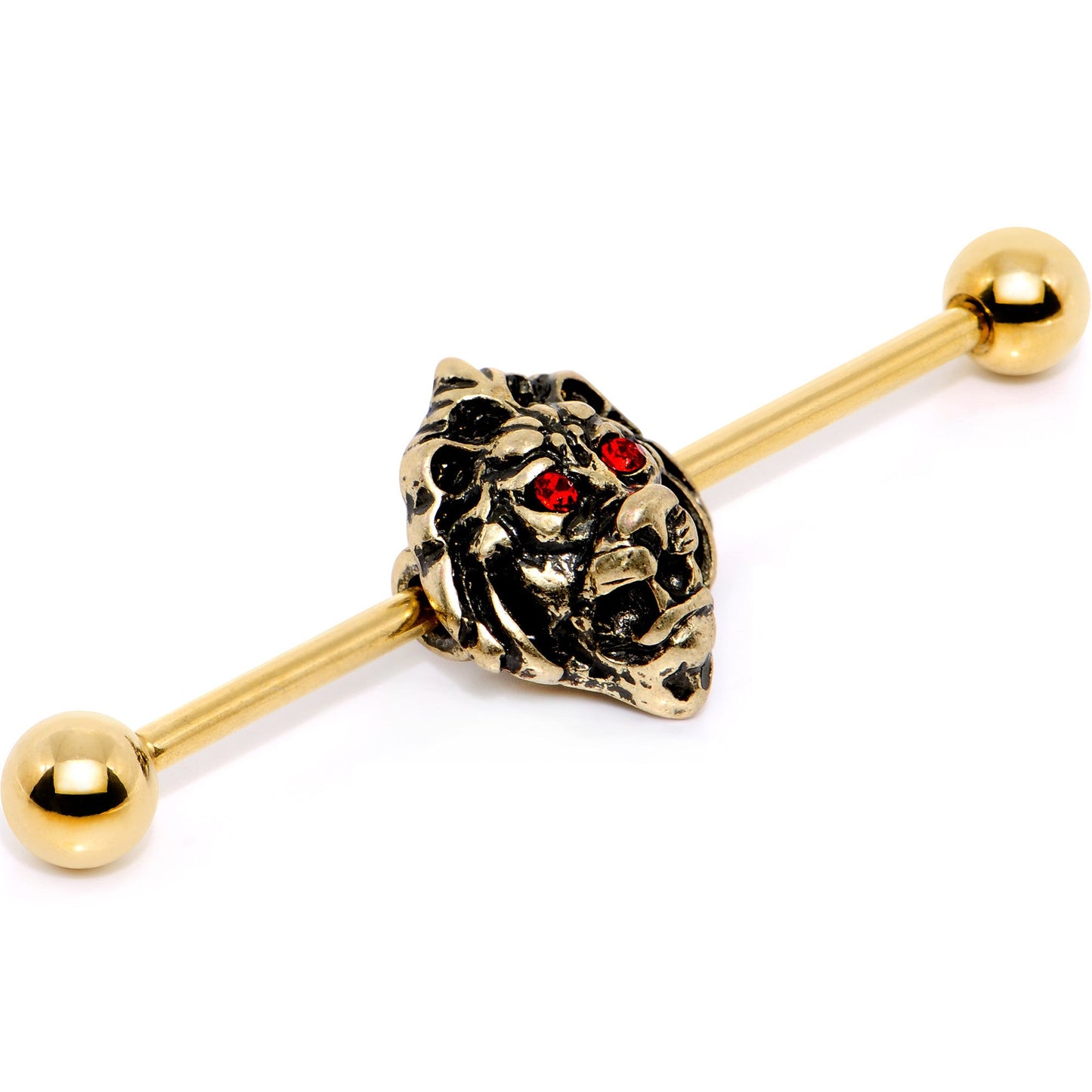 14G Red Gem Gold PVD Ferocious Lion Industrial Barbell 38mm