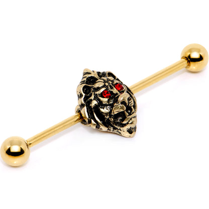 14G Red Gem Gold PVD Ferocious Lion Industrial Barbell 38mm