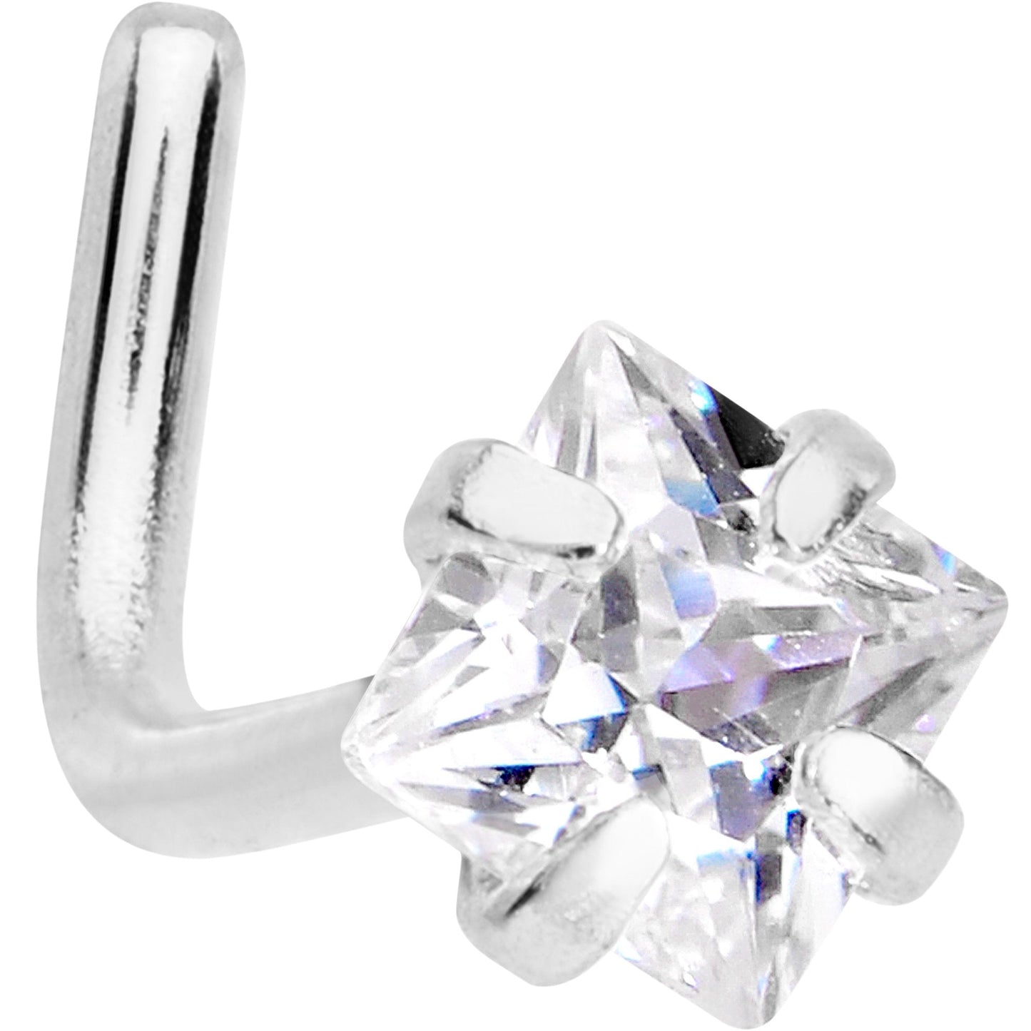 20G 1/4 Clear Square 2.5mm CZ Gem Steel L-Shape Nose Ring