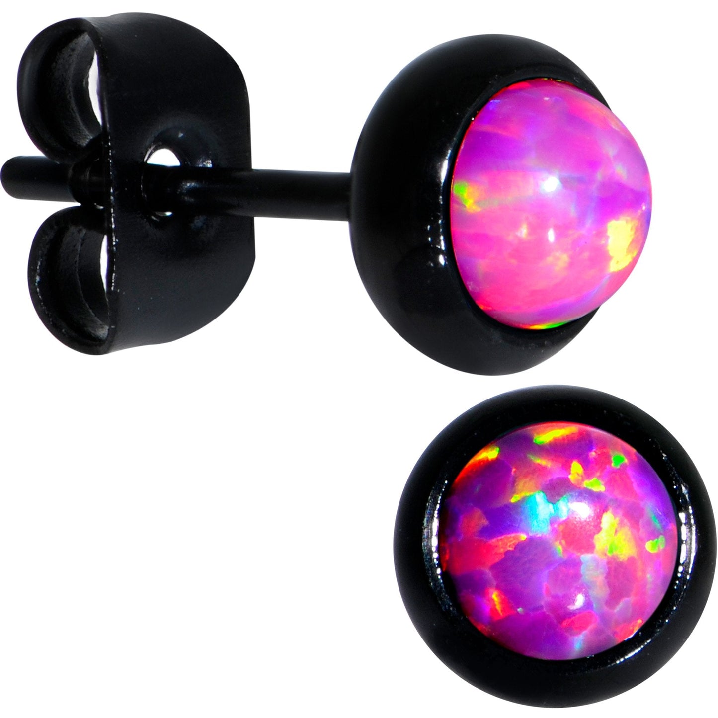 Pink Synthetic Opal Black IP 316L Surgical Steel Stud Earrings
