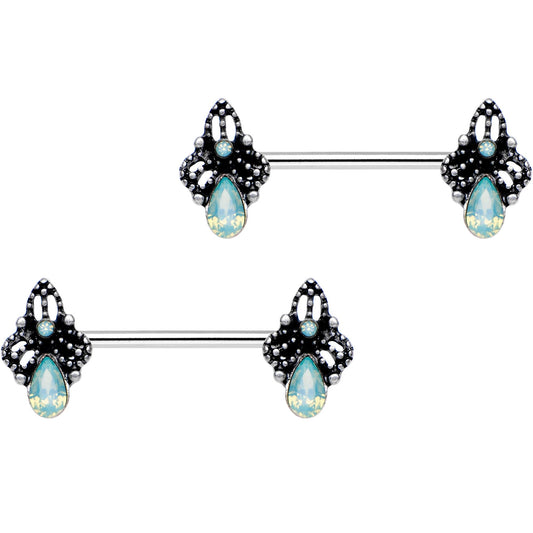 9/16 Green Gem Victorian Raindrop Barbell Nipple Ring Set