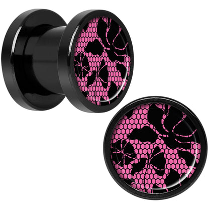 Pink Floral Lace Black Anodized Screw Fit Plug Set 0G