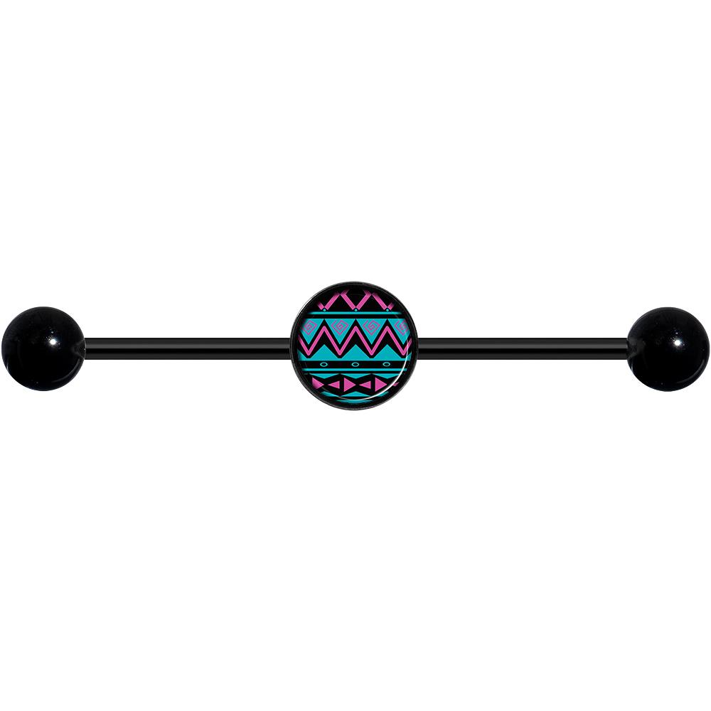 14G Pink Teal Tribal Pattern Black Industrial Barbell 37mm