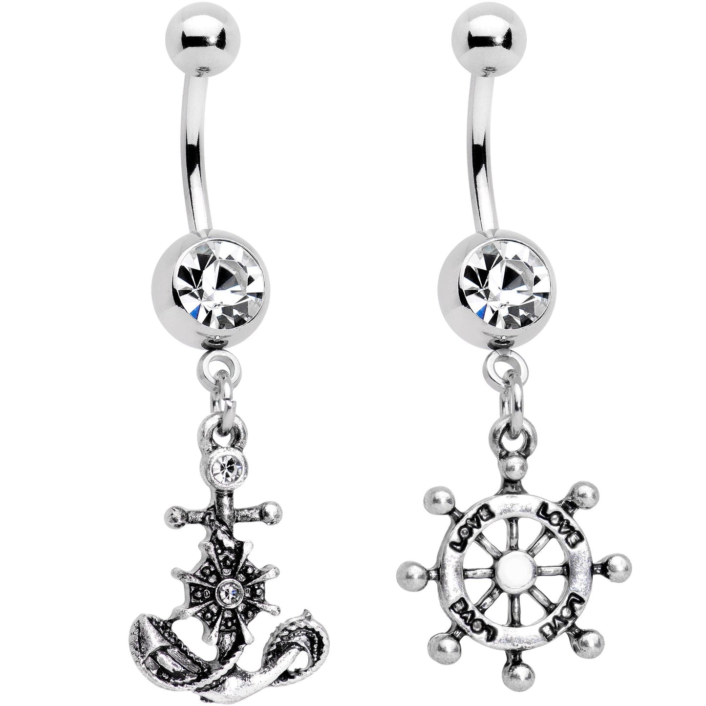 Clear Gem Best Friend Nautical Dangle Belly Ring Set of 2