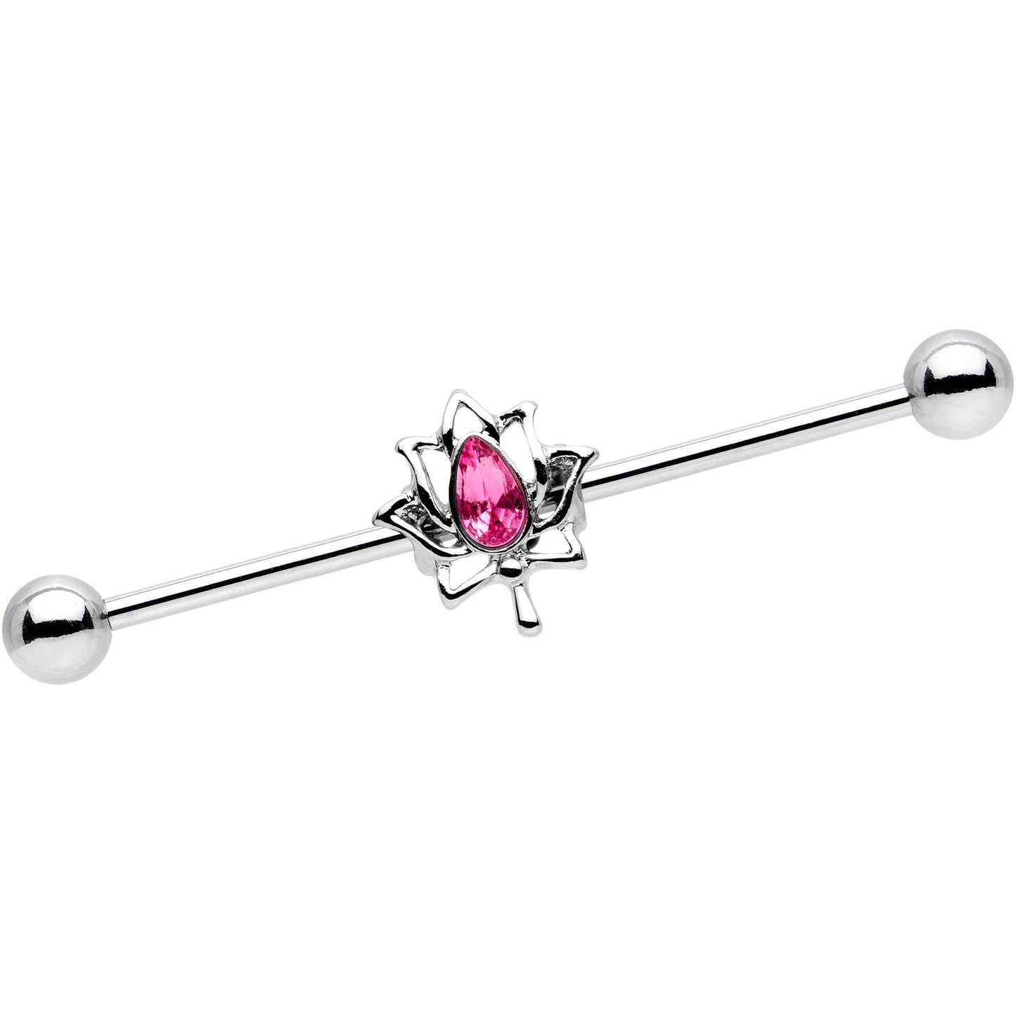 14G Pink Gem Teardrop Lotus Flower Industrial Barbell 38mm