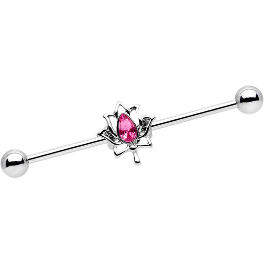 14G Pink Gem Teardrop Lotus Flower Industrial Barbell 38mm