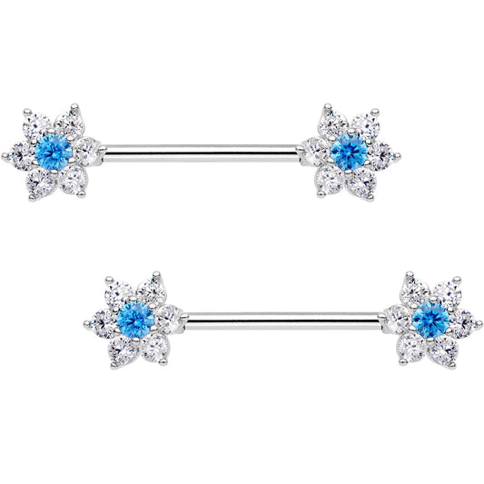 9/16 Aqua CZ Gem Summer Flower Petal Barbell Nipple Ring Set