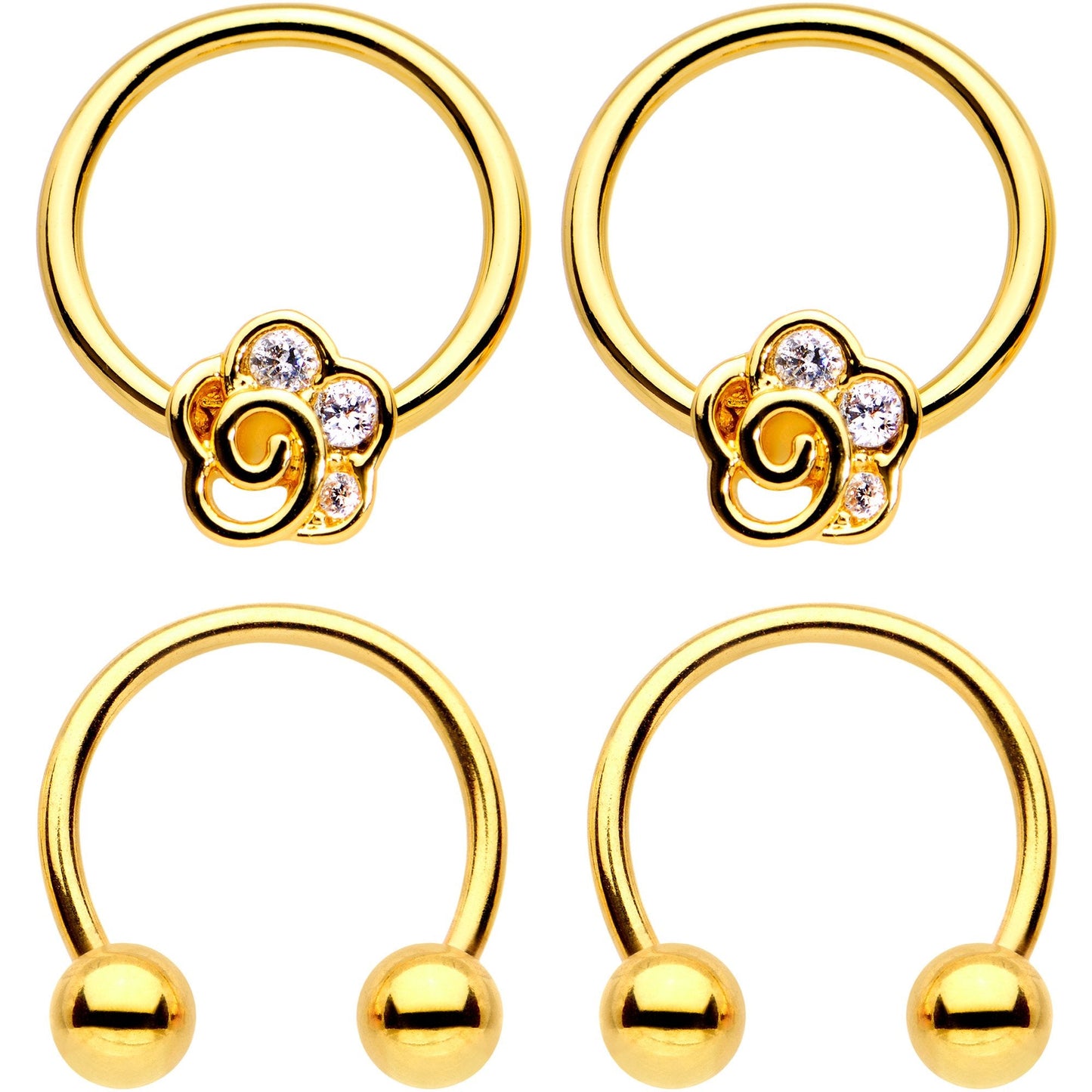 16G Clear Gem Gold Tone Flower Horseshoe Captive Ring Nipple Set