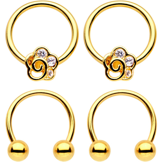 16G Clear Gem Gold Tone Flower Horseshoe Captive Ring Nipple Set