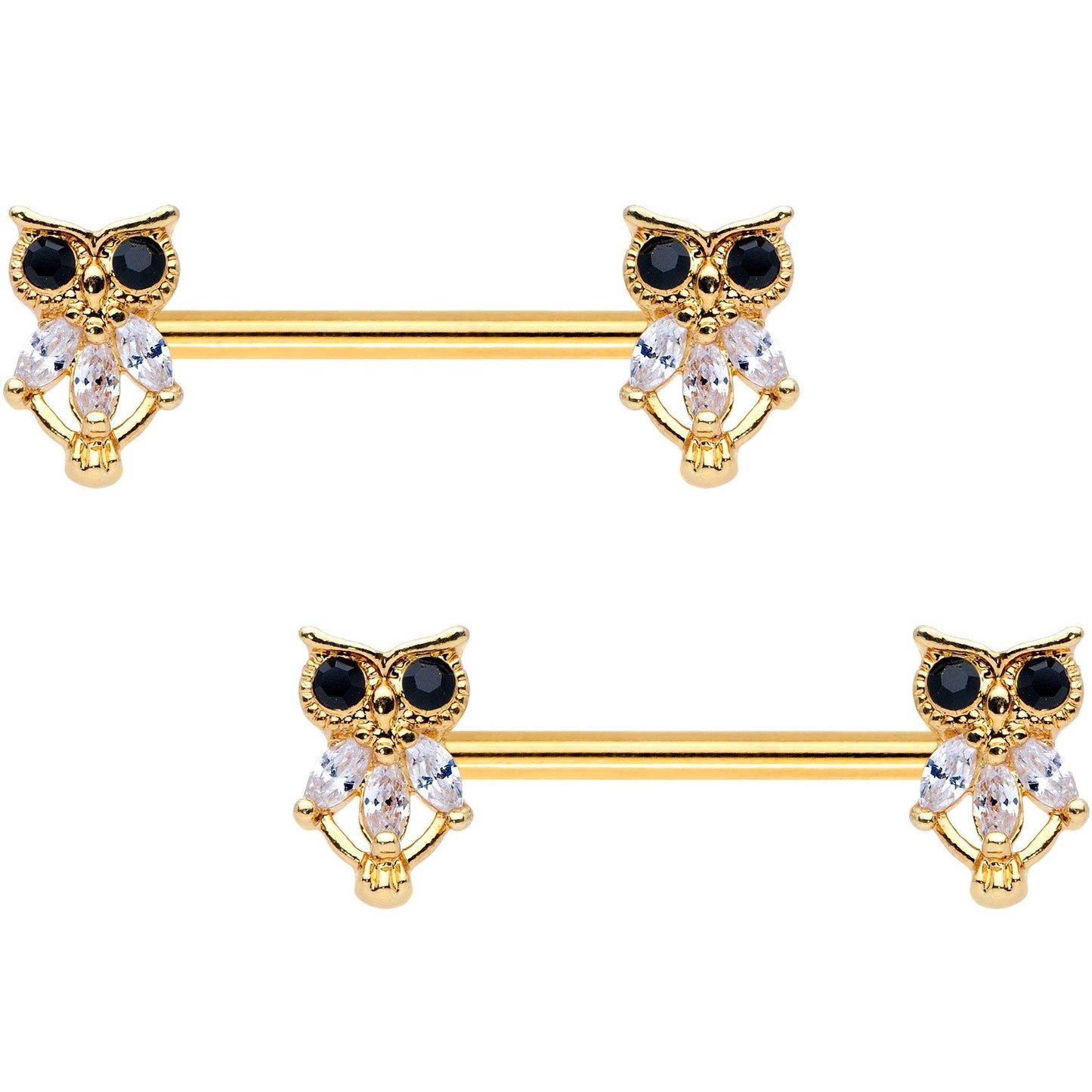 9/16 Clear Black Gem Gold Tone Wide Eyed Owl Barbell Nipple Ring Set