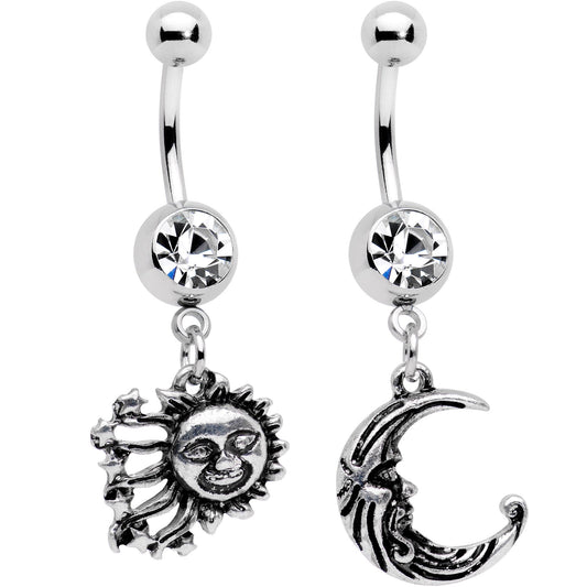 Clear Gem Mrs Sun and Mr Moon Dangle Belly Ring Set of 2